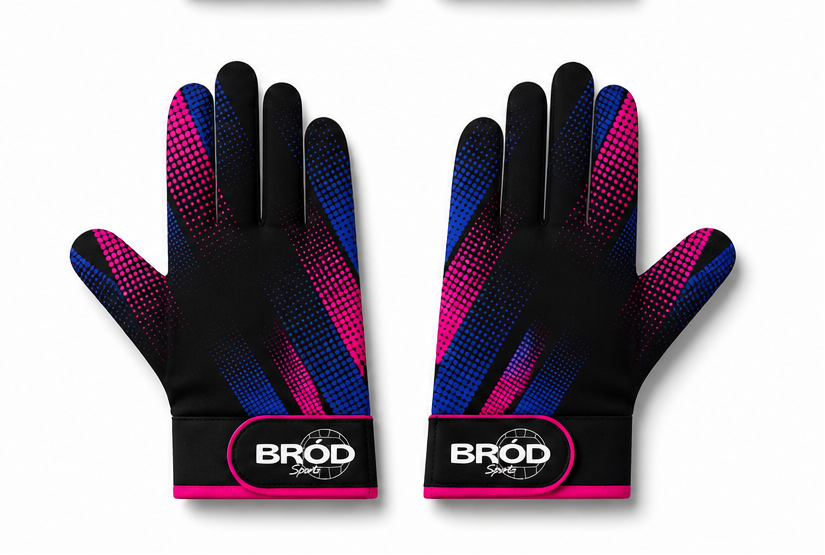 Pair of black, pink, and blue gloves with 'BRÓD Sport' branding on a white background